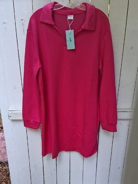 WIHOLL Pink Polo Collar Lounge Dress XL Long Sleeve Casual T-Shirt Dress NEW